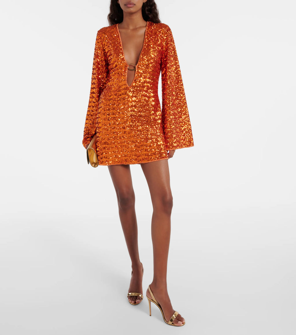 Women's Sequin Mini Dress with V-Neck & Ring Detail – Sparkly Party Dress