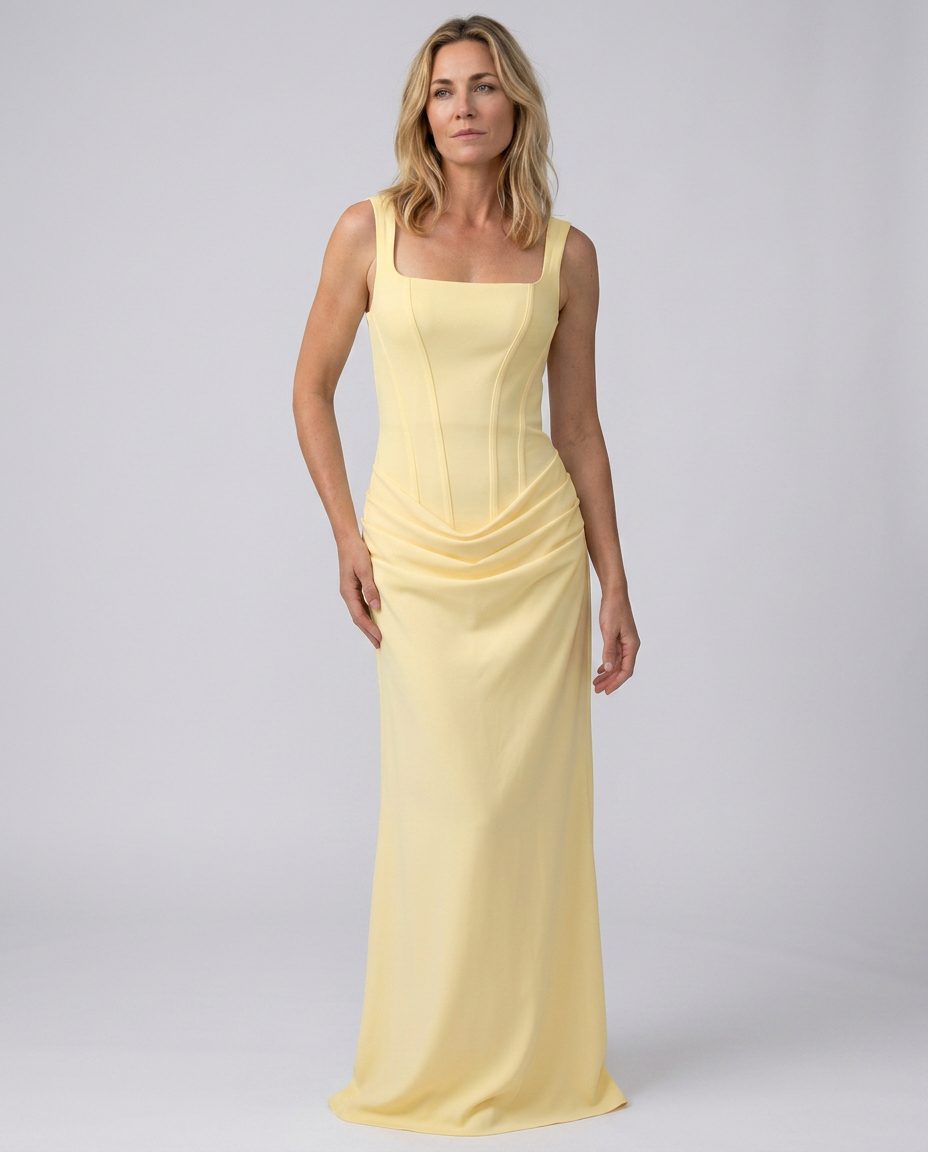 Maxi Dress with Structured Bodice and Draped Skirt