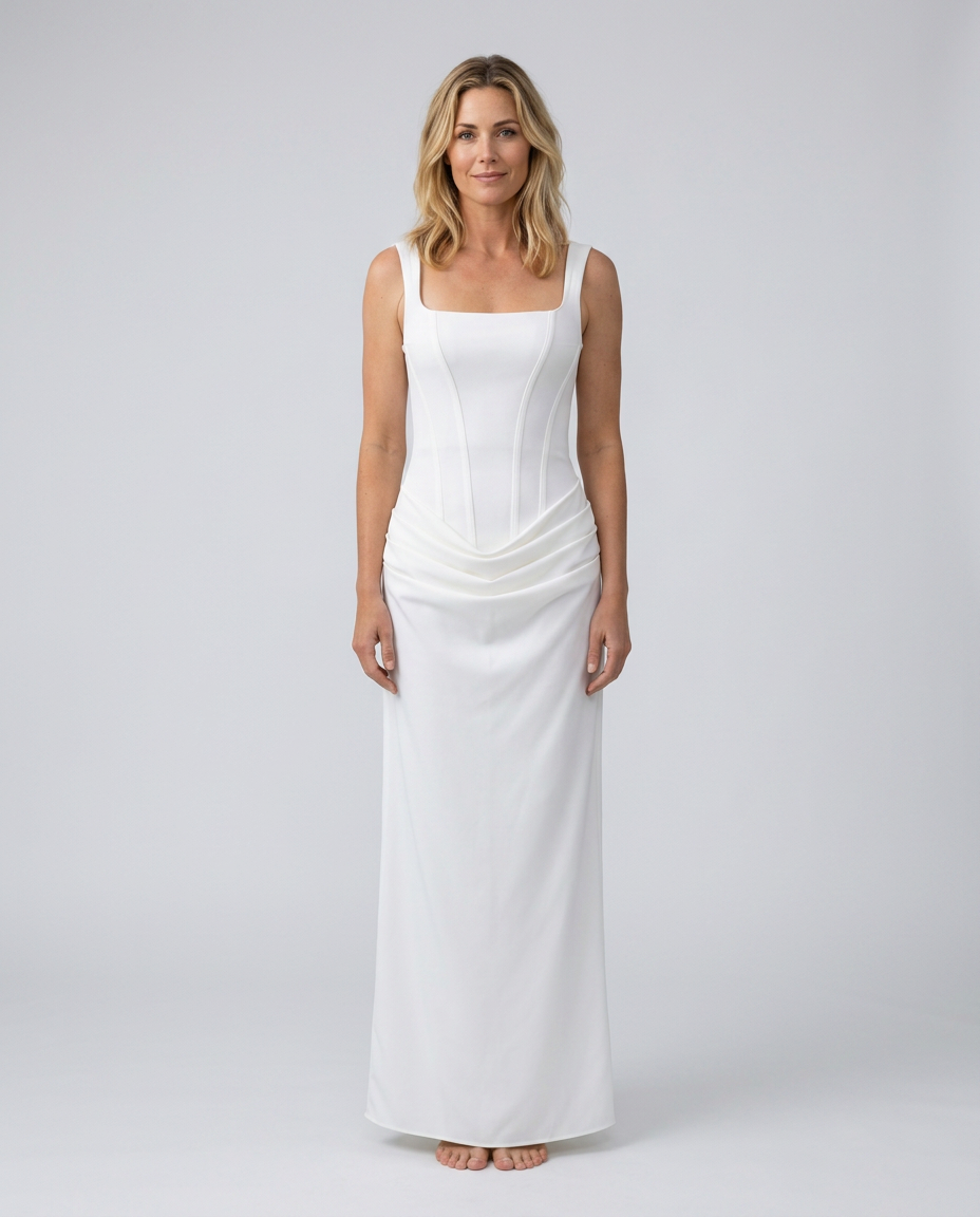 Maxi Dress with Structured Bodice and Draped Skirt