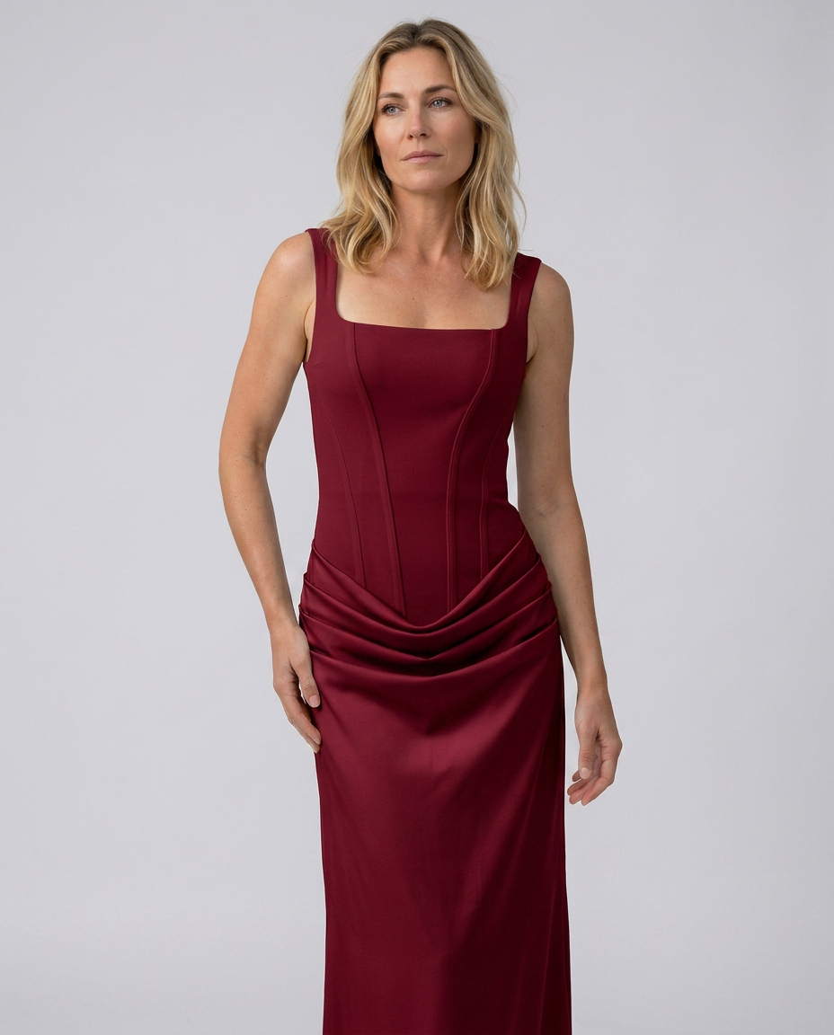 Maxi Dress with Structured Bodice and Draped Skirt