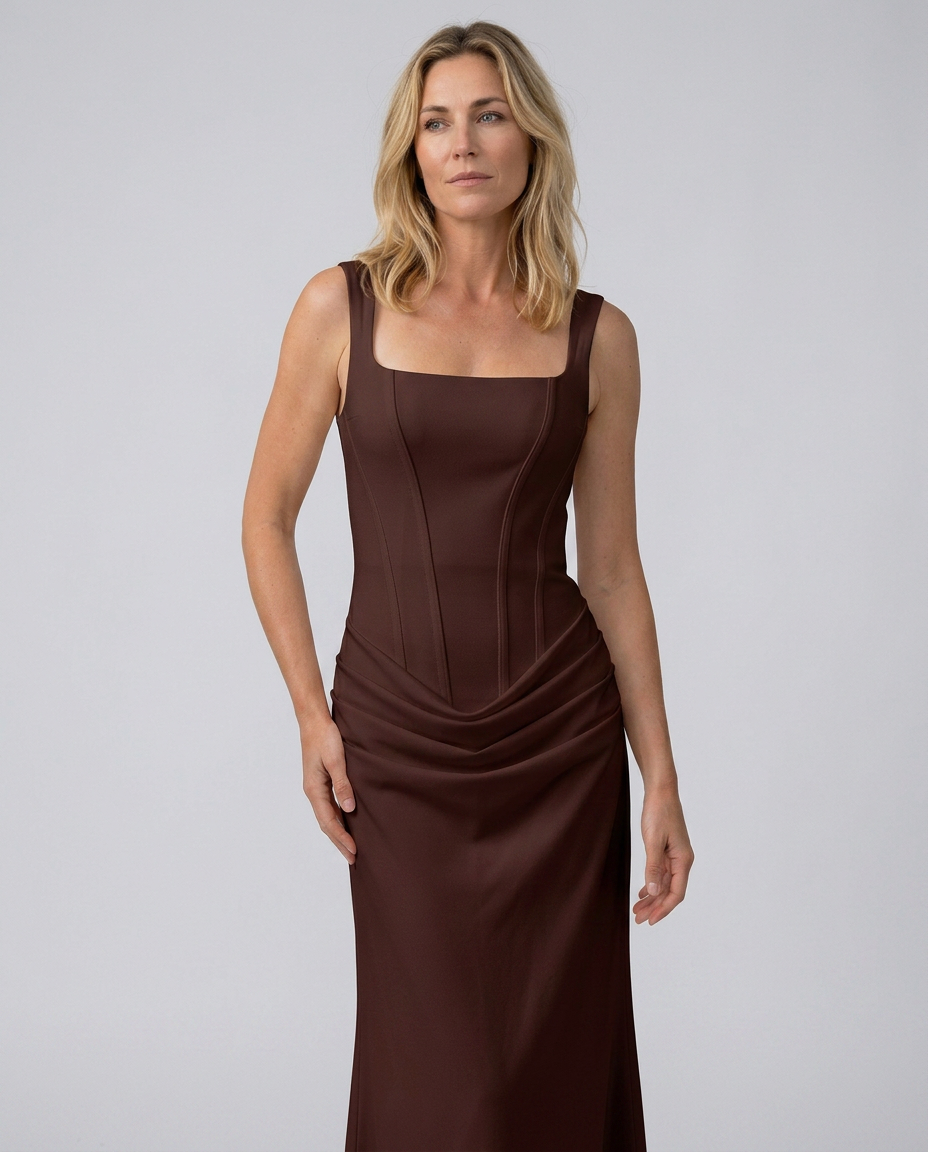 Maxi Dress with Structured Bodice and Draped Skirt