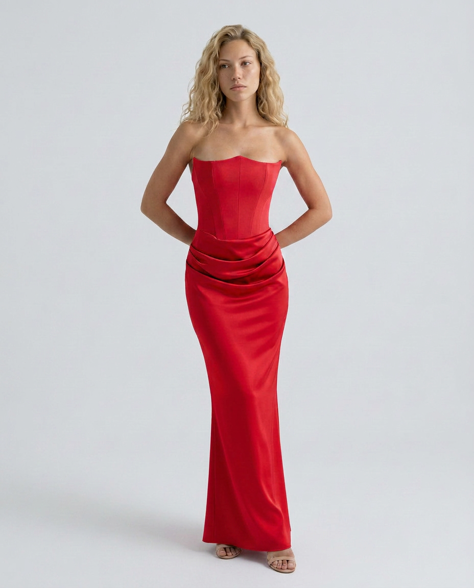 Strapless Corset Maxi Dress with Draped Skirt