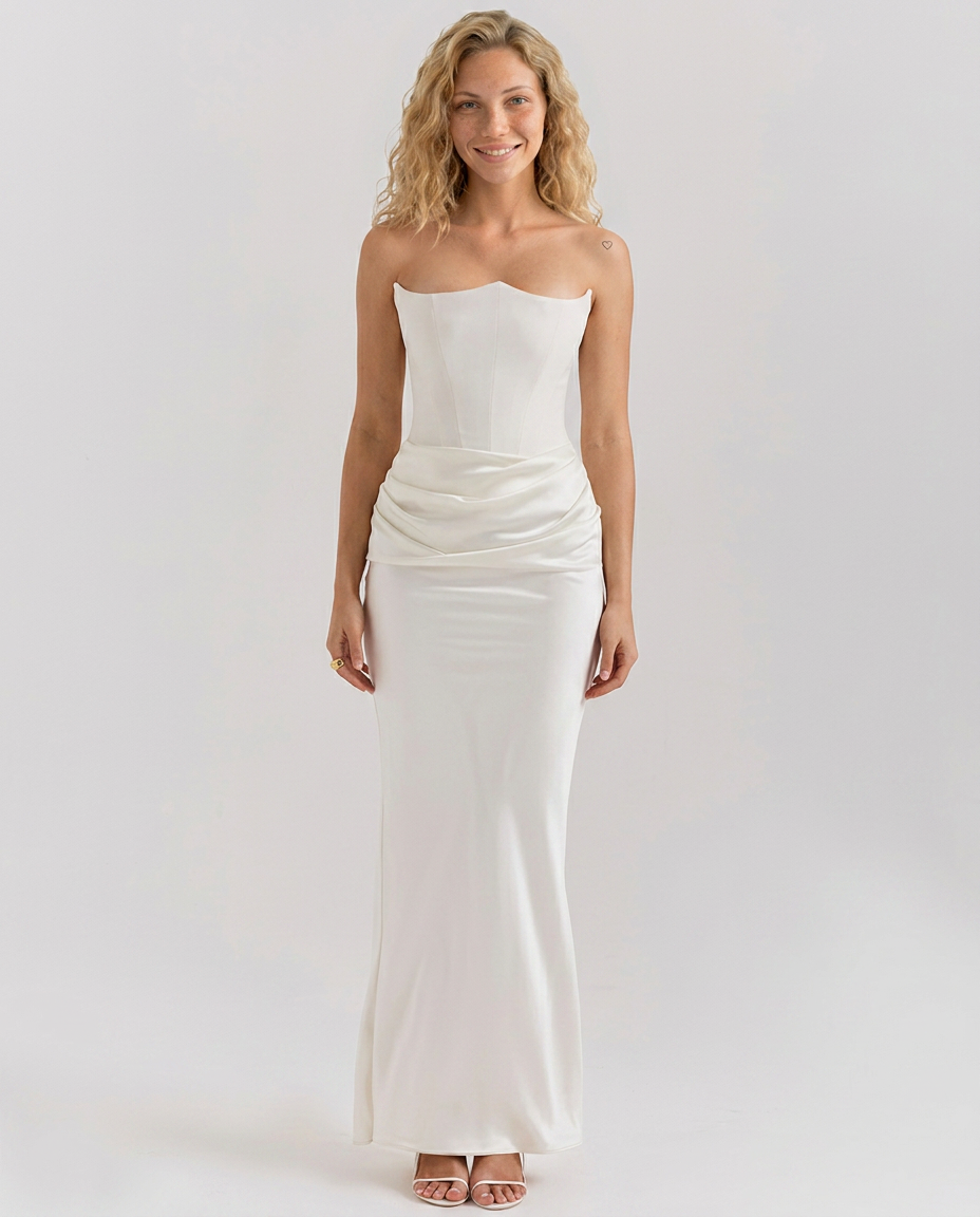 Strapless Corset Maxi Dress with Draped Skirt