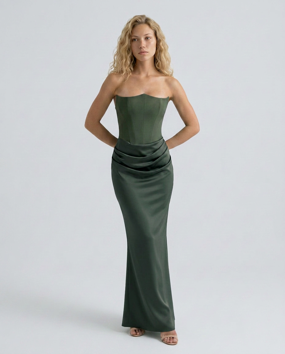Strapless Corset Maxi Dress with Draped Skirt