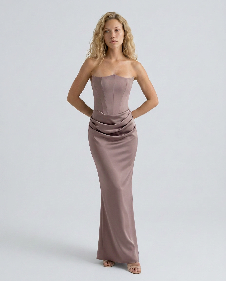 Strapless Corset Maxi Dress with Draped Skirt