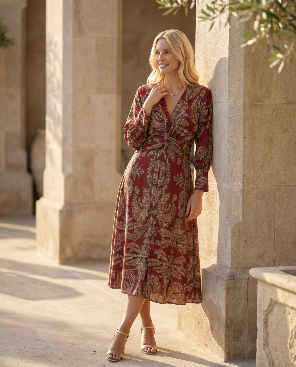 Printed Midi Dress with Tie Waist