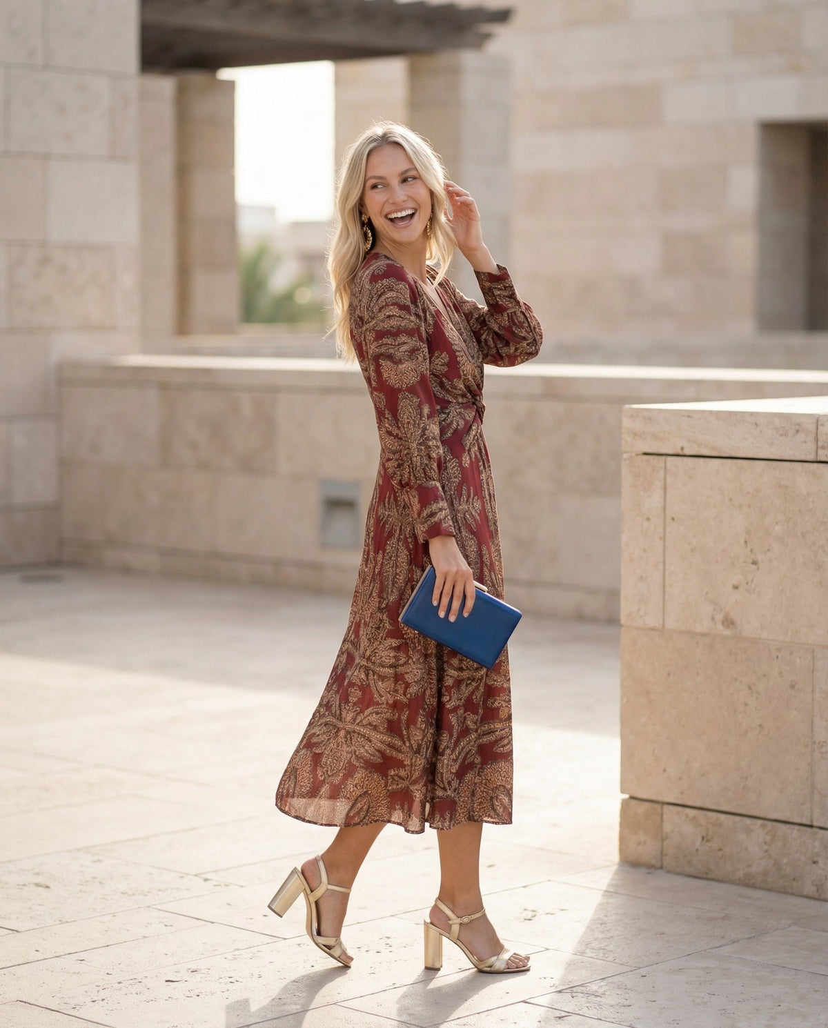 Printed Midi Dress with Tie Waist