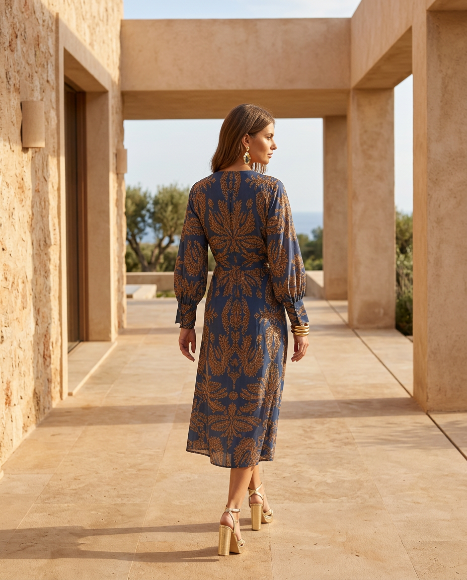 Printed Midi Dress with Tie Waist