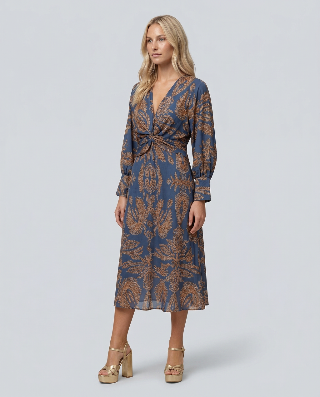 Printed Midi Dress with Tie Waist