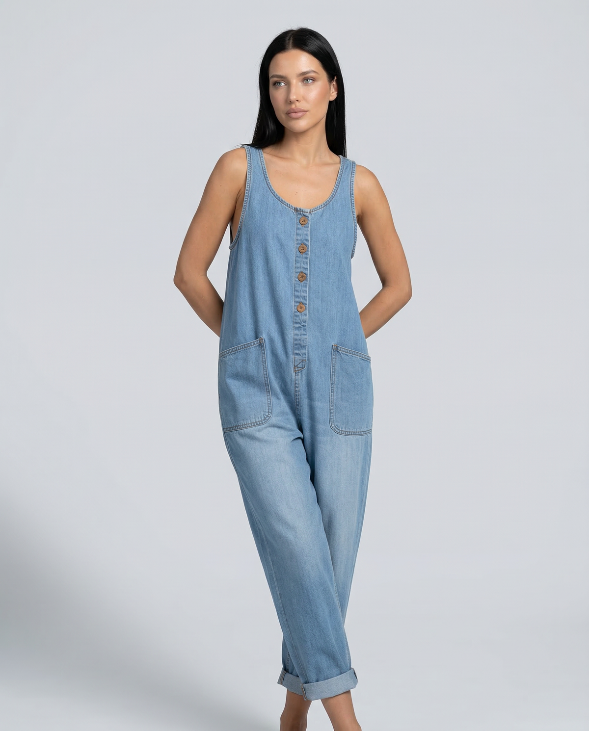 Denim Jumpsuit with Button Front
