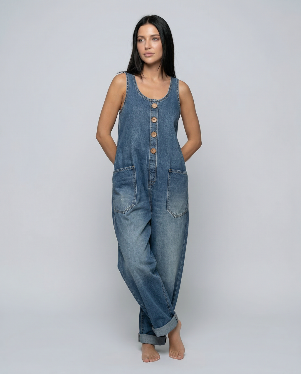 Denim Jumpsuit with Button Front