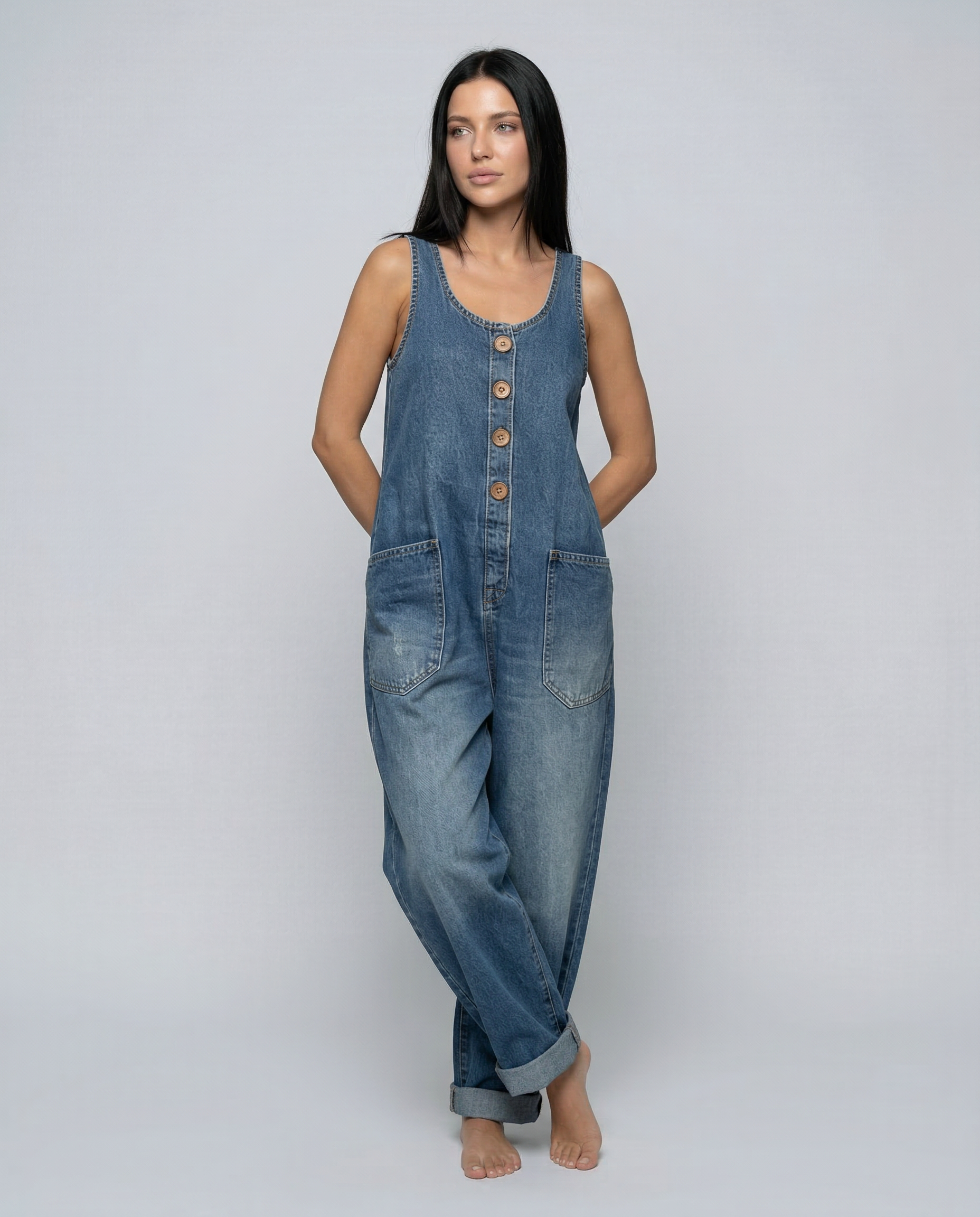 Denim Jumpsuit with Button Front