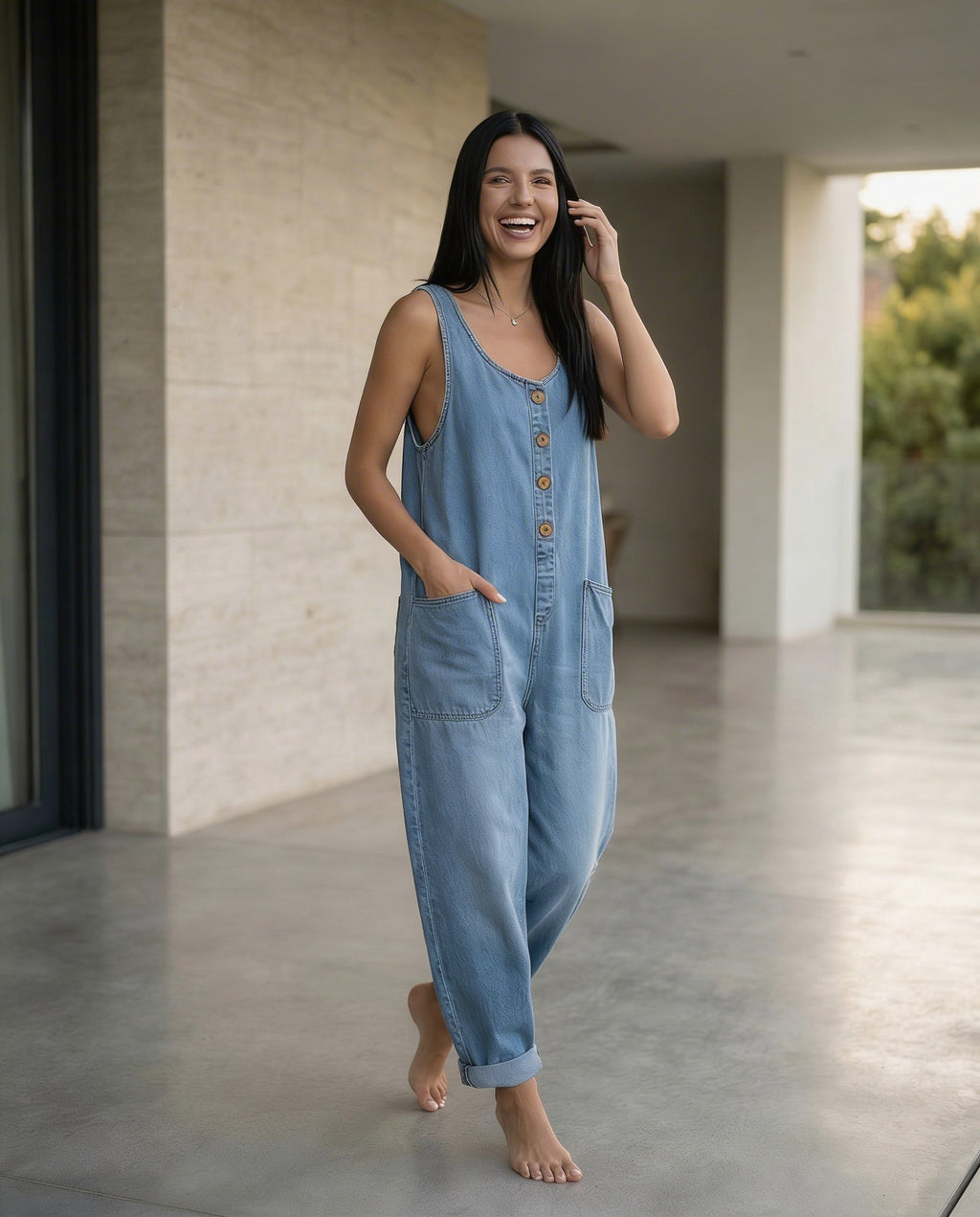 Denim Jumpsuit with Button Front