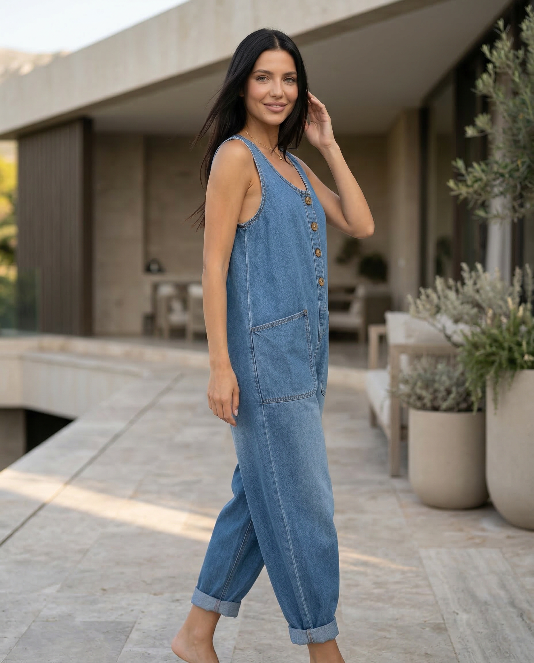 Denim Jumpsuit with Button Front