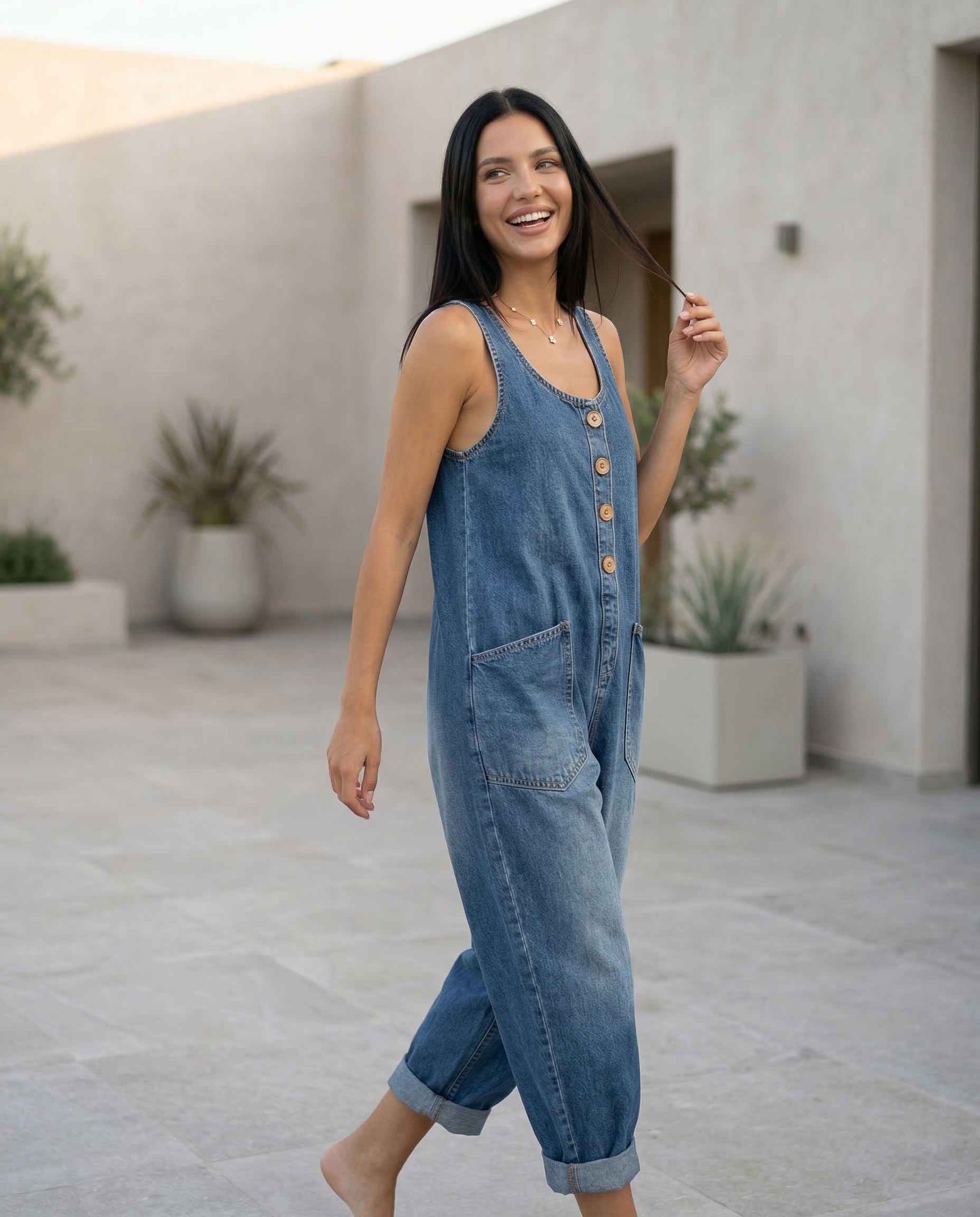 Denim Jumpsuit with Button Front