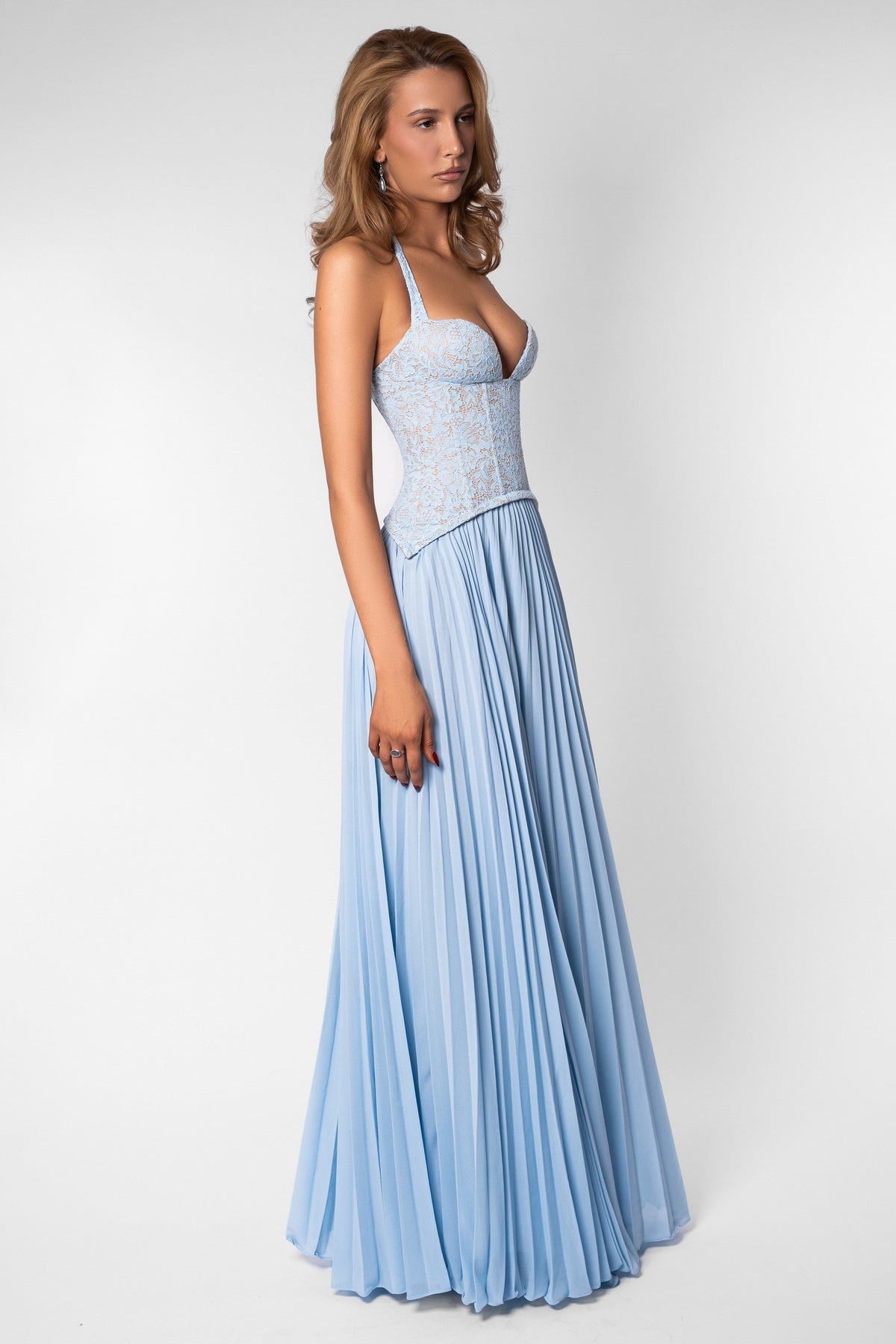 Sweetheart Lace Chiffon Pleated Maxi Dress