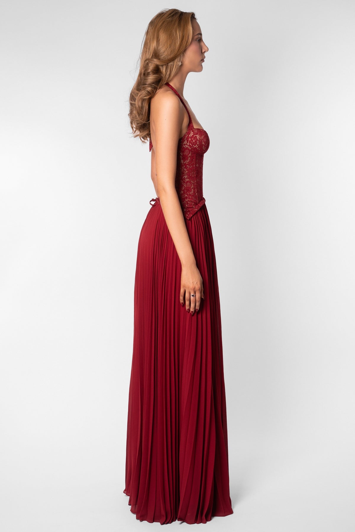 Sweetheart Lace Chiffon Pleated Maxi Dress