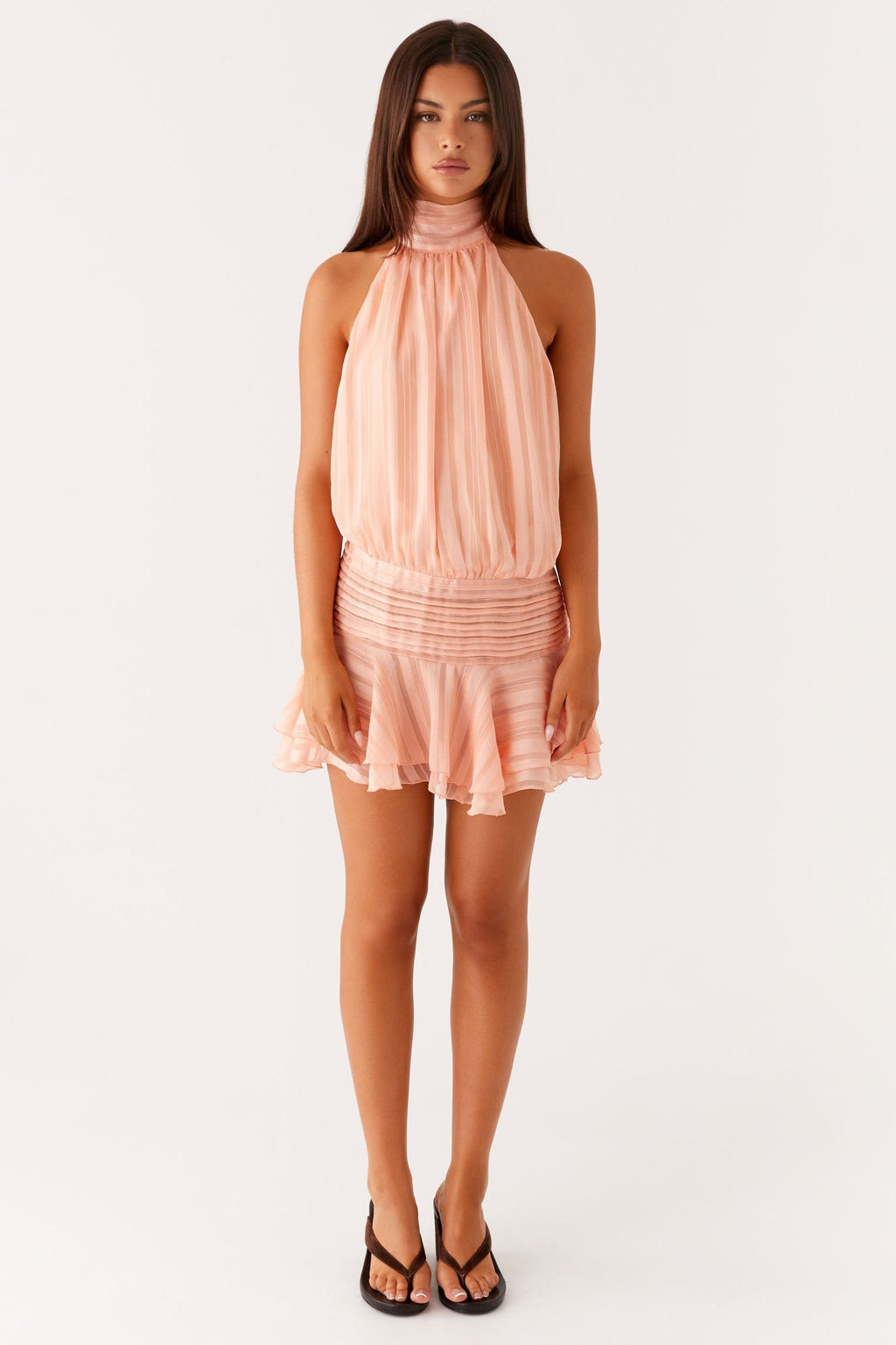 Chiffon Pleated Halter Neck Mini Dress