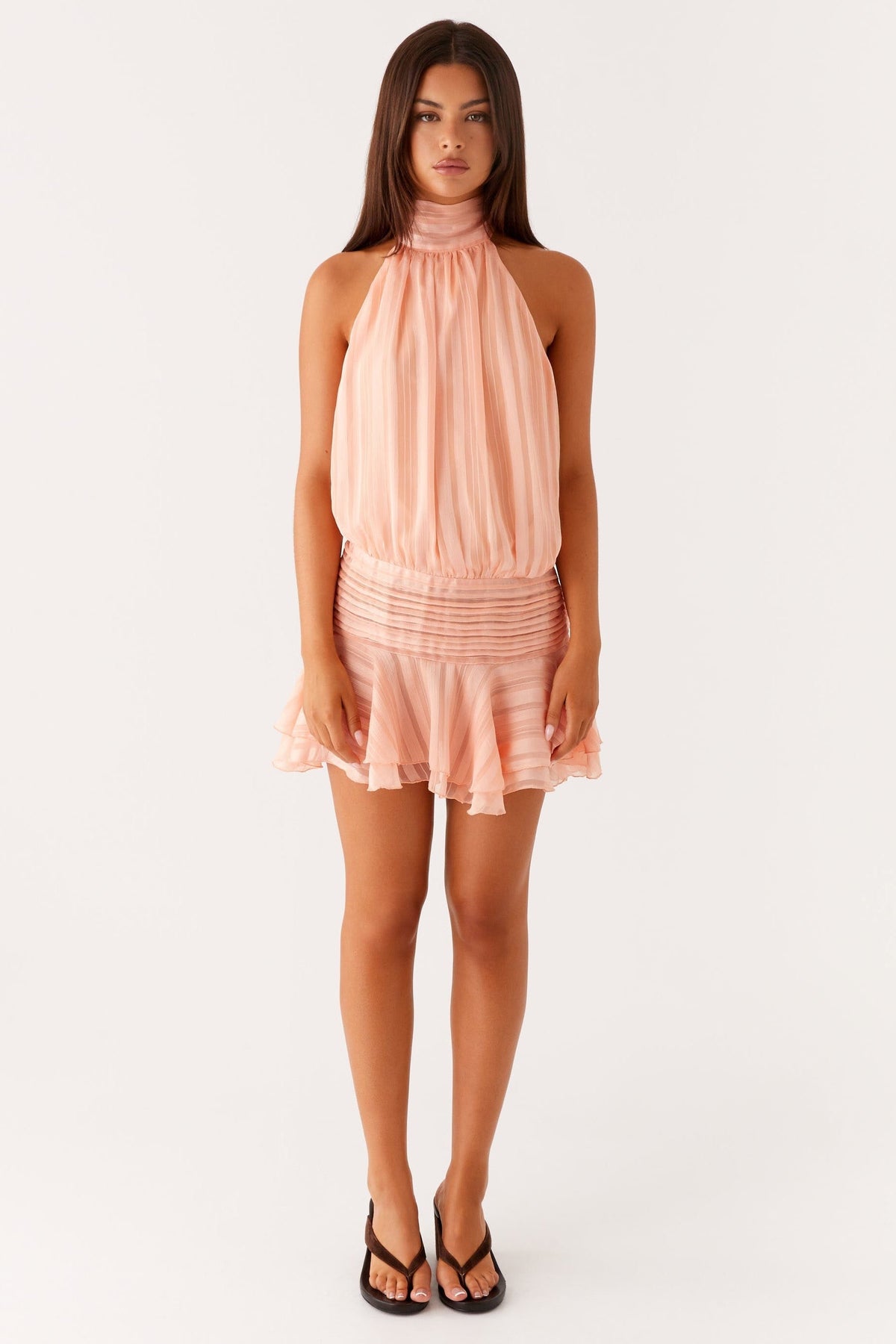 Chiffon Pleated Halter Neck Mini Dress