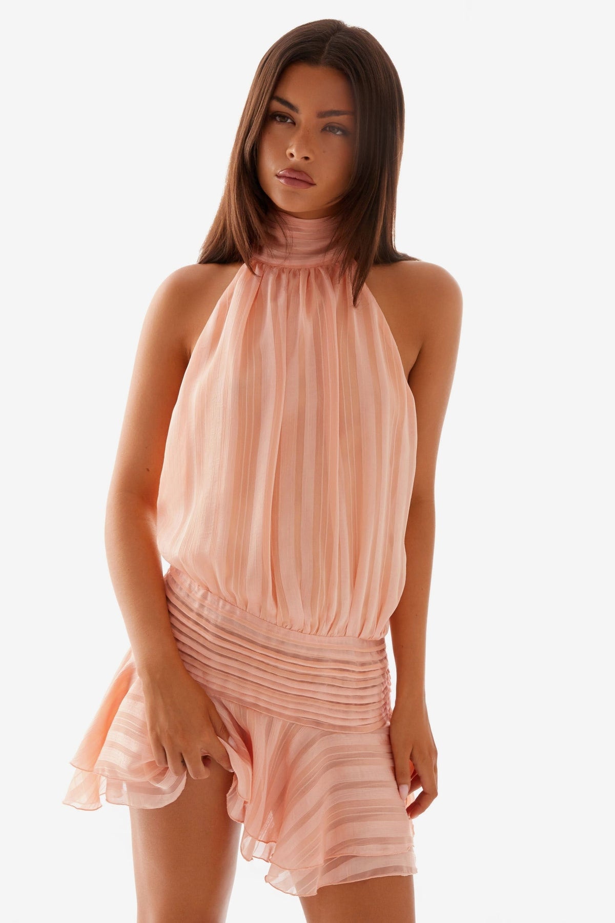Chiffon Pleated Halter Neck Mini Dress