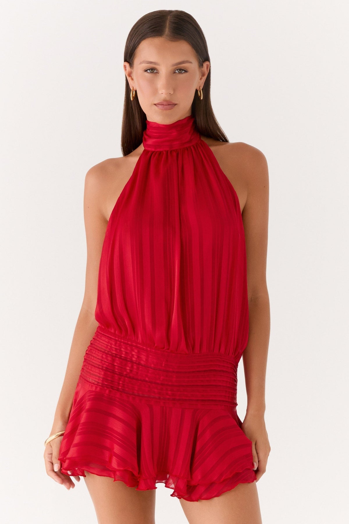 Chiffon Pleated Halter Neck Mini Dress