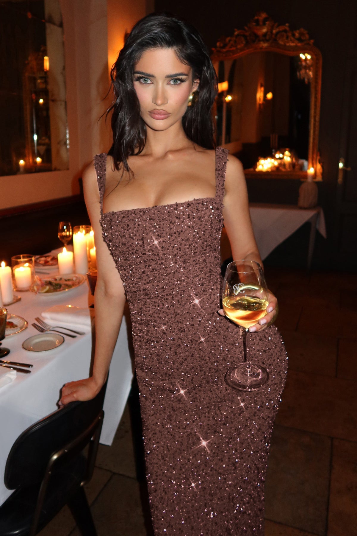 Sequin Tie-Up Square Neck Maxi Dress