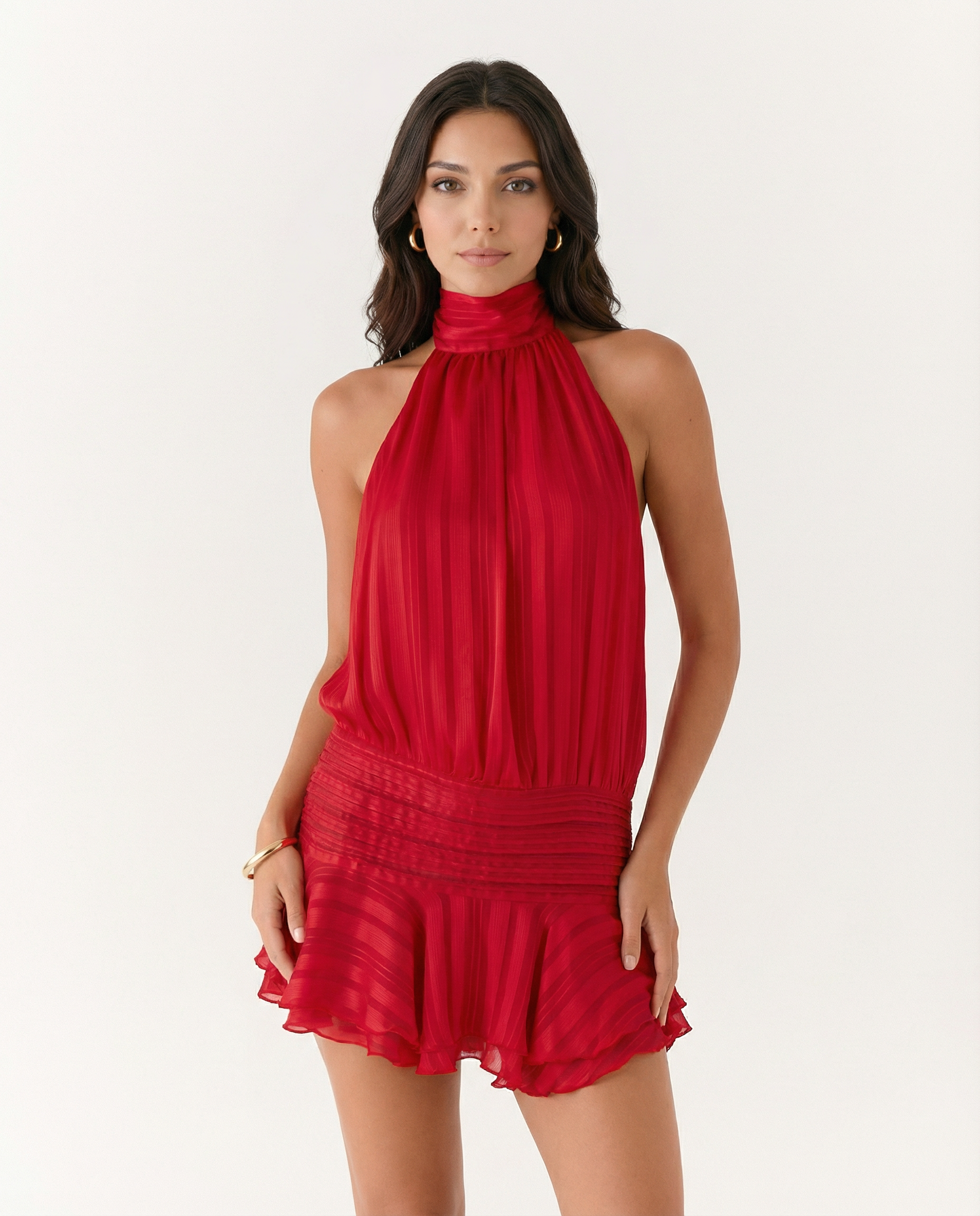 Halter Neck Pleated Playsuit with Ruffle Overlay