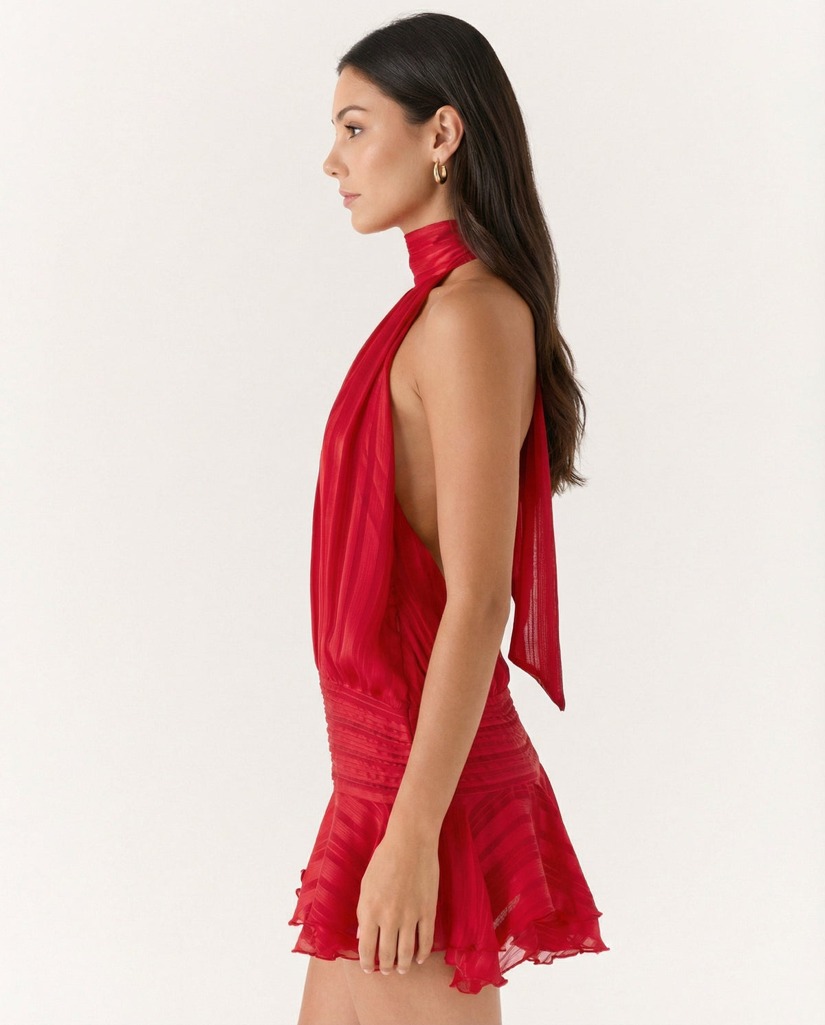 Halter Neck Pleated Playsuit with Ruffle Overlay