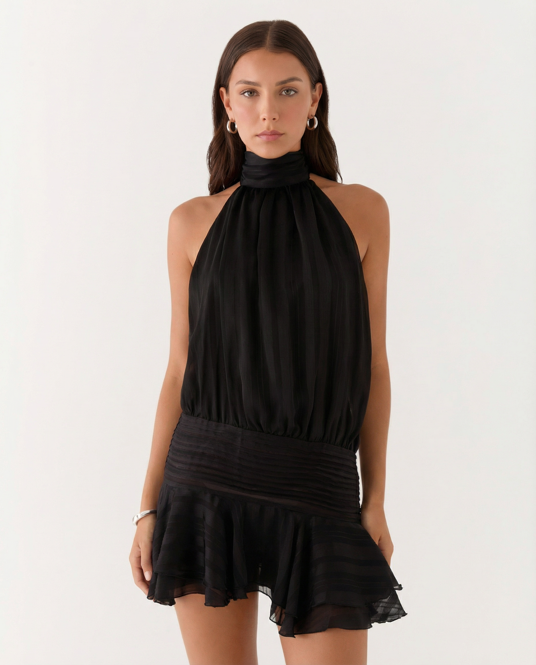 Halter Neck Pleated Playsuit with Ruffle Overlay