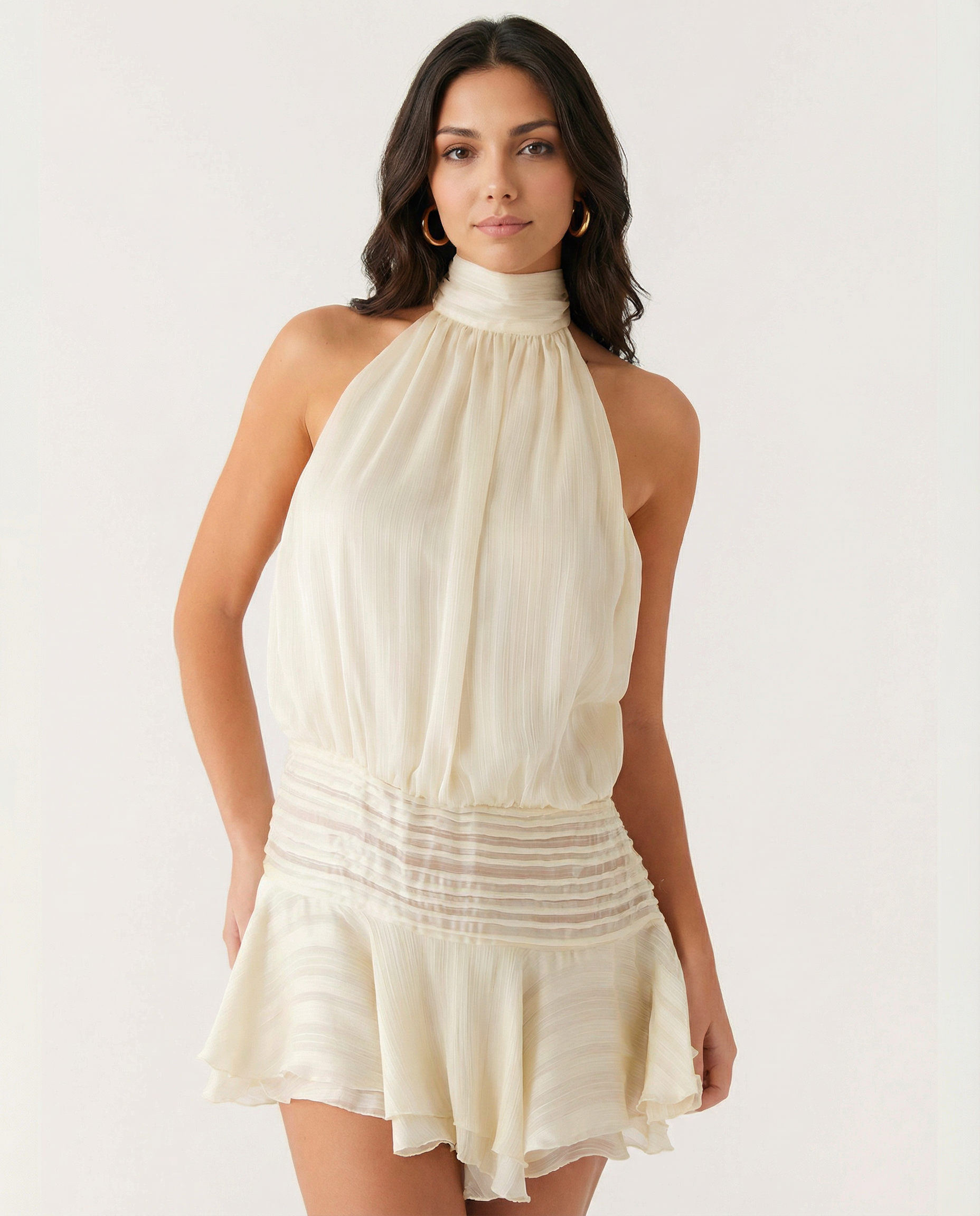 Halter Neck Pleated Playsuit with Ruffle Overlay