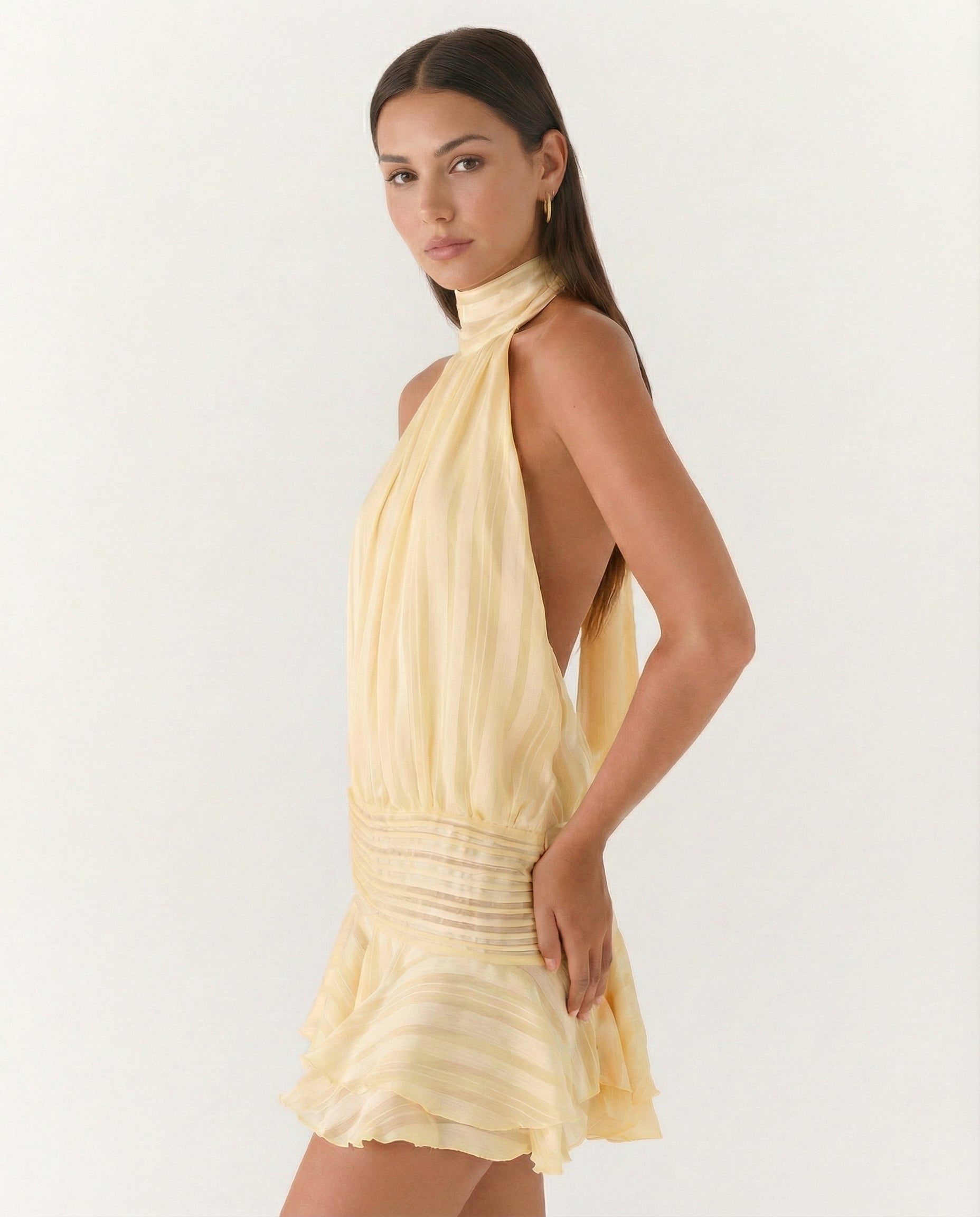 Halter Neck Pleated Playsuit with Ruffle Overlay