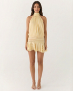 Halter Neck Pleated Playsuit with Ruffle Overlay