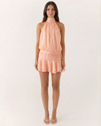 Halter Neck Pleated Playsuit with Ruffle Overlay