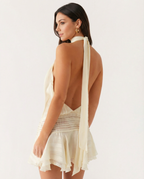 Halter Neck Pleated Playsuit with Ruffle Overlay