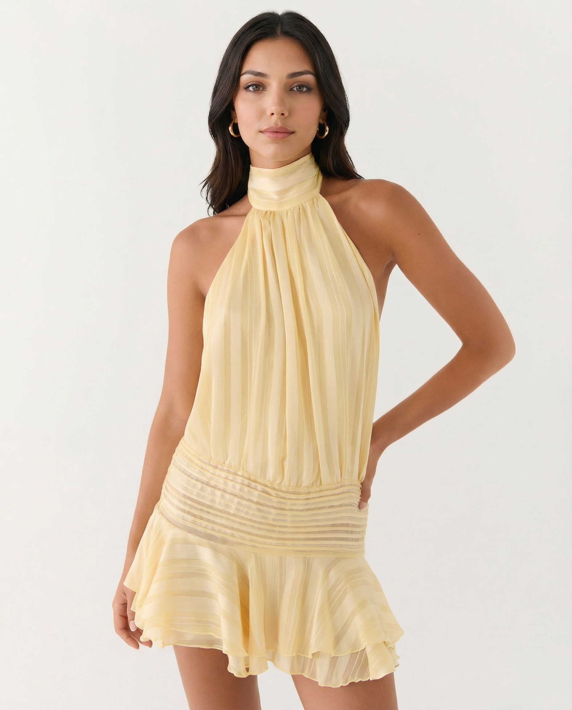 Halter Neck Pleated Playsuit with Ruffle Overlay