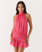 Halter Neck Pleated Playsuit with Ruffle Overlay