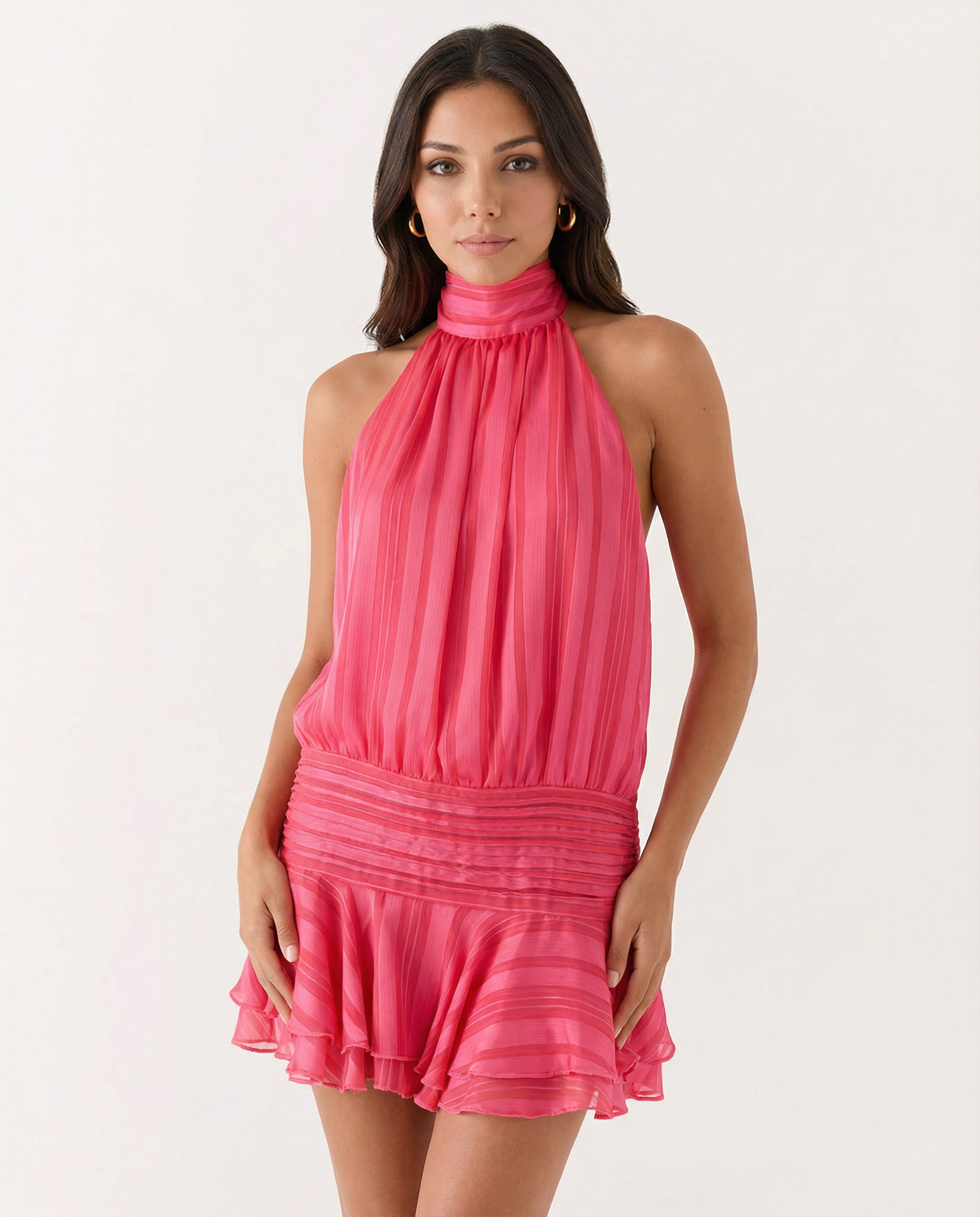 Halter Neck Pleated Playsuit with Ruffle Overlay