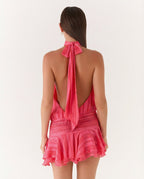 Halter Neck Pleated Playsuit with Ruffle Overlay