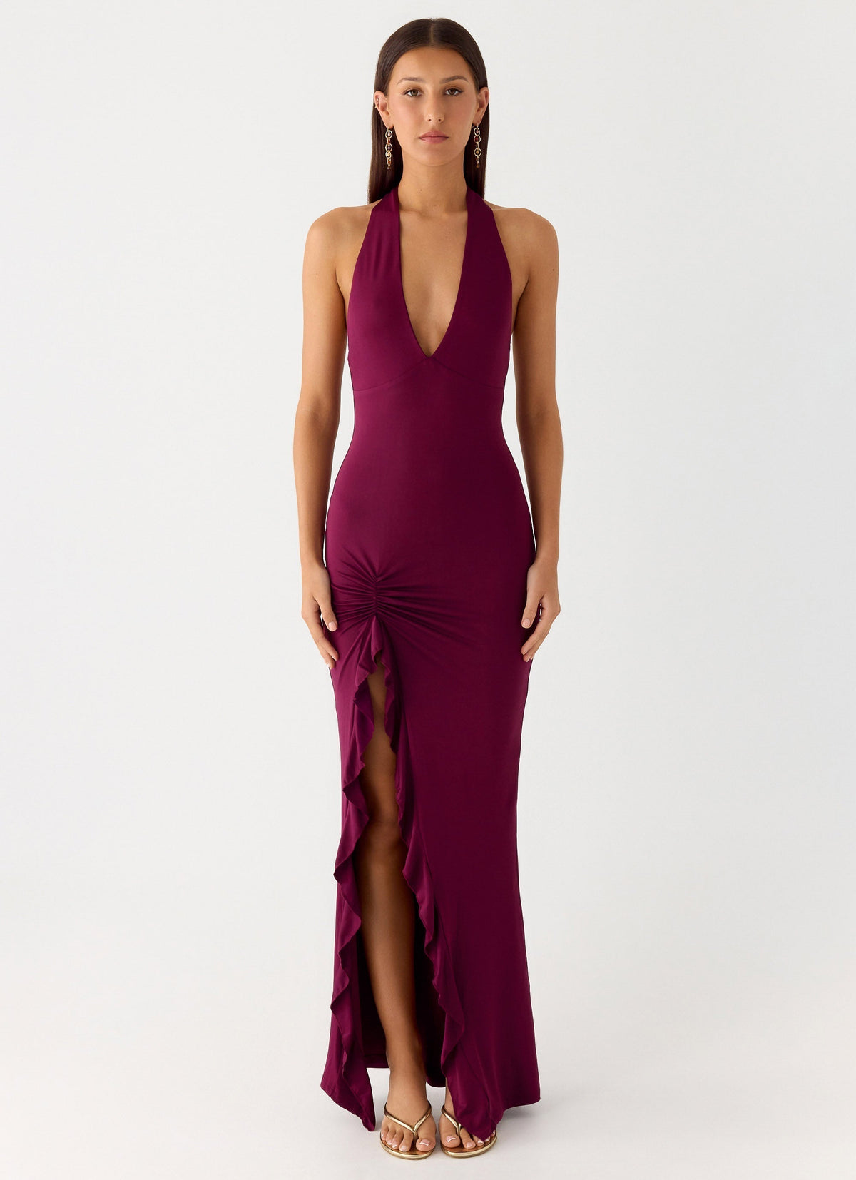 V Neck Ruffles High Thigh Slit Maxi Dress
