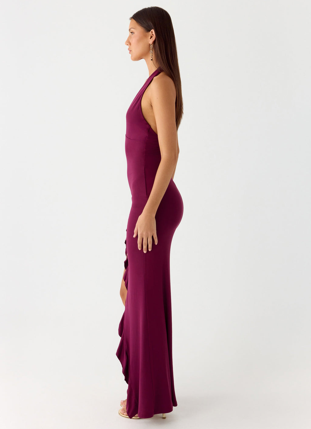 V Neck Ruffles High Thigh Slit Maxi Dress