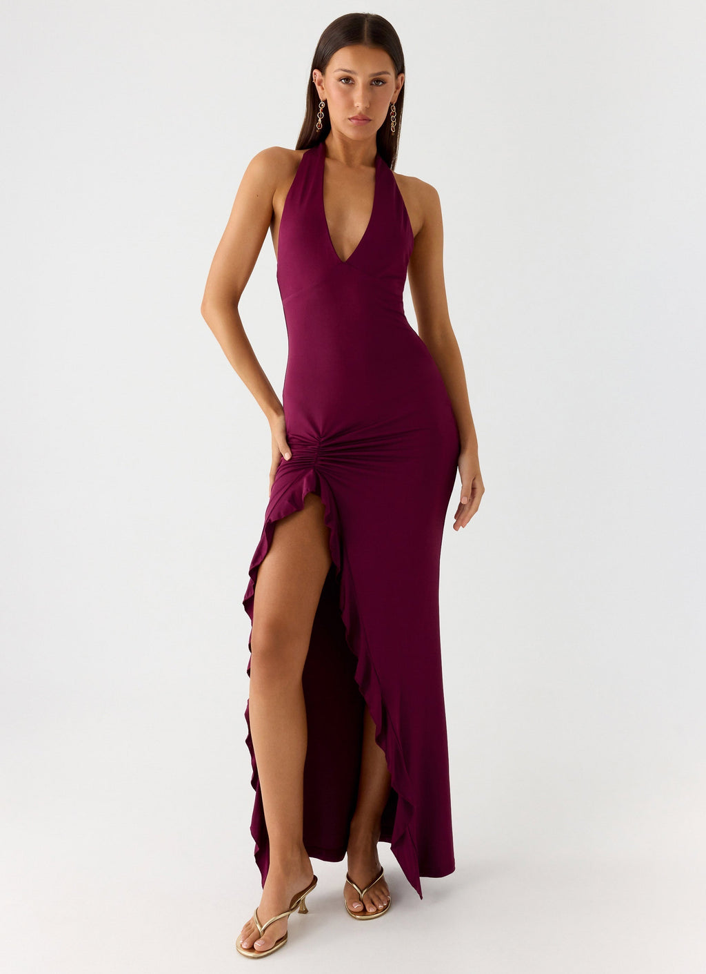 V Neck Ruffles High Thigh Slit Maxi Dress