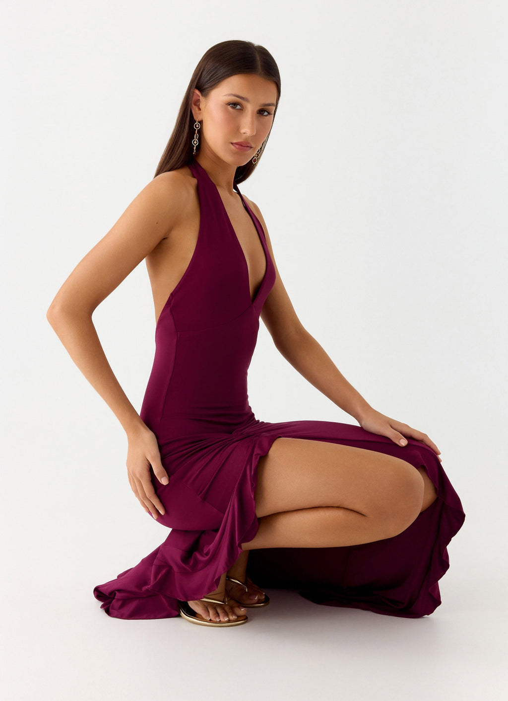 V Neck Ruffles High Thigh Slit Maxi Dress