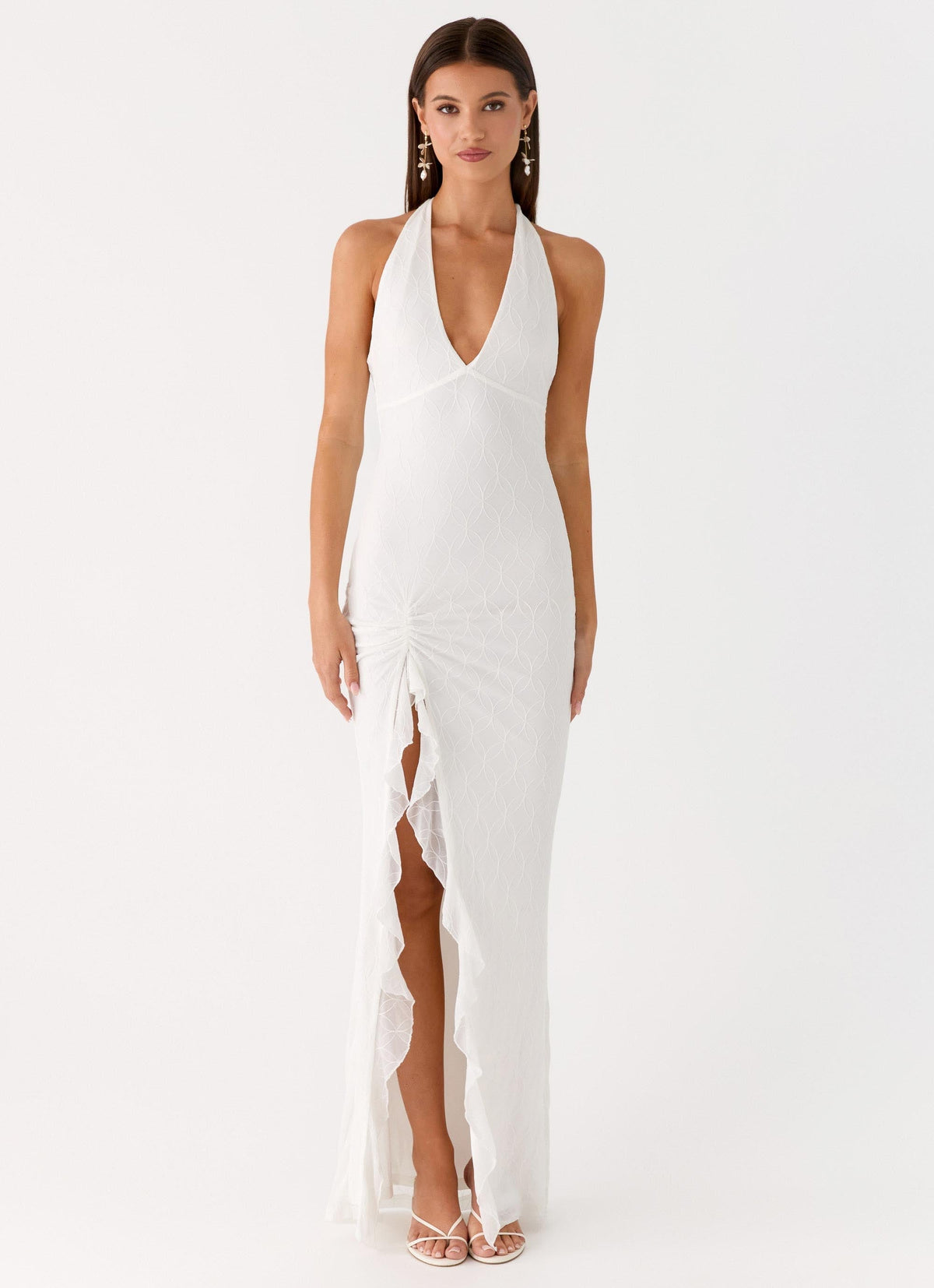 V Neck Ruffles High Thigh Slit Maxi Dress