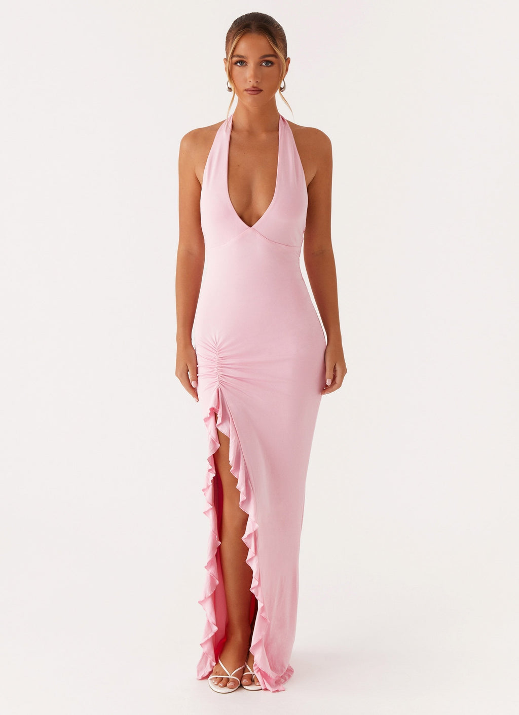 V Neck Ruffles High Thigh Slit Maxi Dress