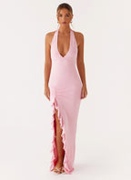 V Neck Ruffles High Thigh Slit Maxi Dress