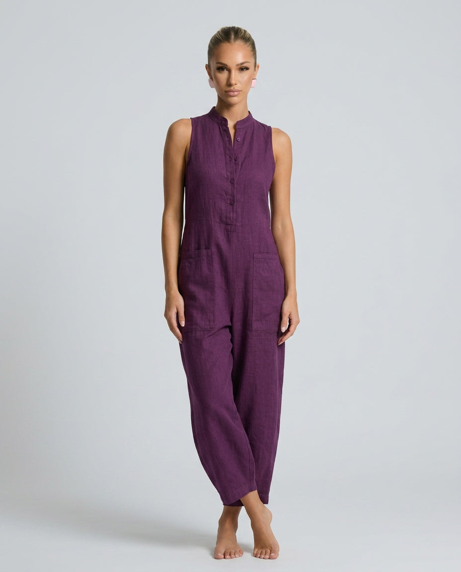 Linen-Blend Sleeveless Loose Jumpsuit