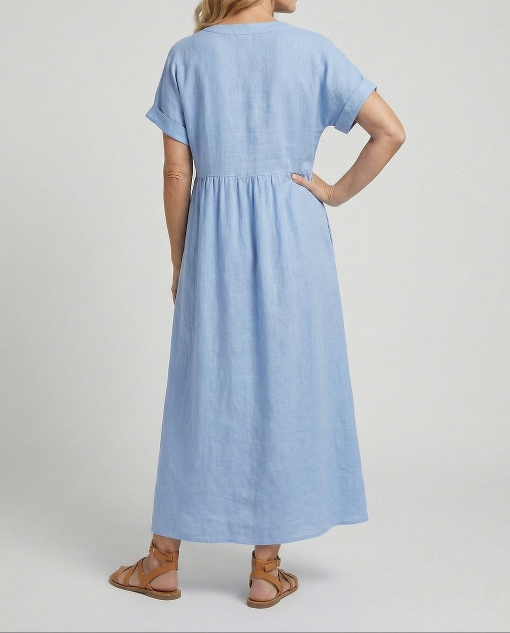 Women's Relaxed Empire Waist Maxi Dress – Notch Neck Short Sleeve Summer