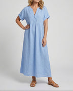 Women's Relaxed Empire Waist Maxi Dress – Notch Neck Short Sleeve Summer