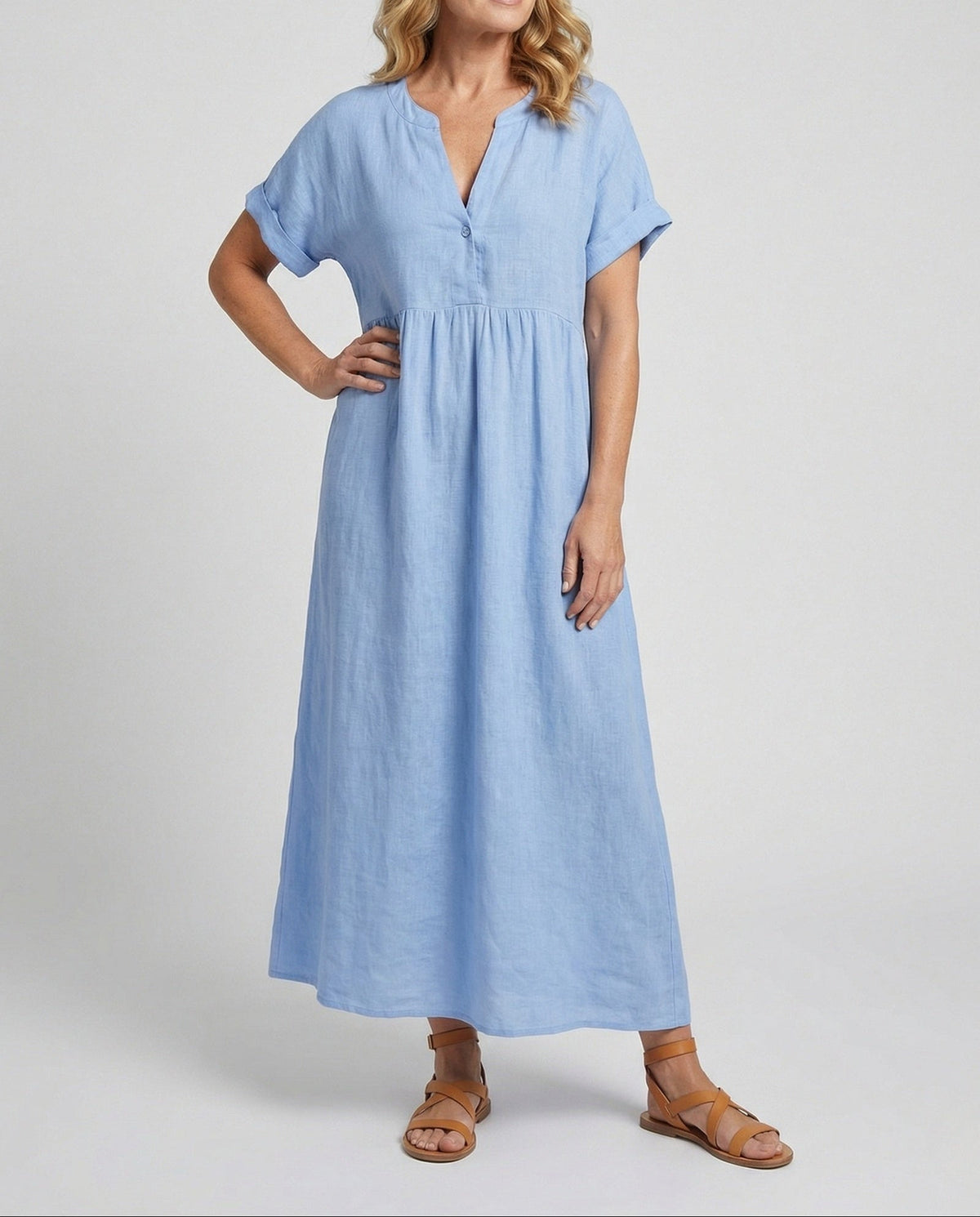 Women's Relaxed Empire Waist Maxi Dress – Notch Neck Short Sleeve Summer