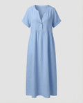 Women's Relaxed Empire Waist Maxi Dress – Notch Neck Short Sleeve Summer